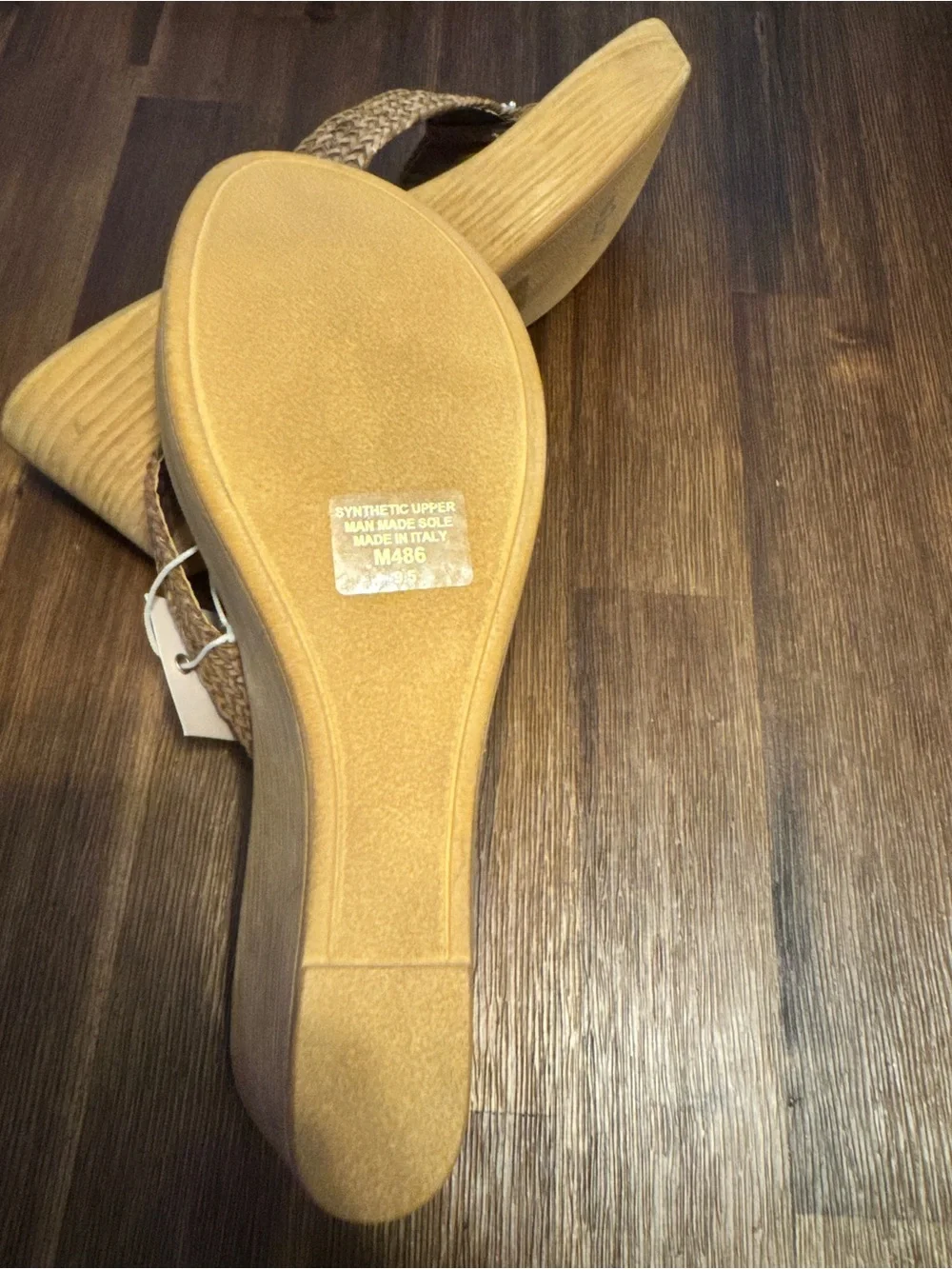 NWT A. Giannetti Tan Woven Slide Wedge Sandal Faux Wood Heel Made in Italy 9.5